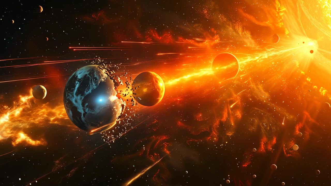 Solar flare blasting aligned planets in deep cosmic space. Massive sun emitting powerful energy beam towards a row of planets including an Earth-like globe.