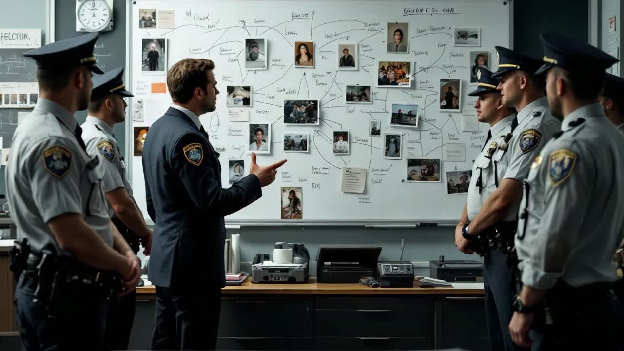Police officers in uniform are gathered in a modern office, discussing investigation details while pointing at a whiteboard filled with photos and notes, creating a collaborative atmosphere for problem-solving