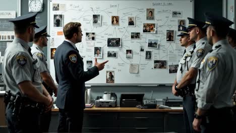 police officers in uniform are gathered in a modern office, discussing investigation details while pointing at a whiteboard filled with photos and notes, creating a collaborative atmosphere for problem-solving