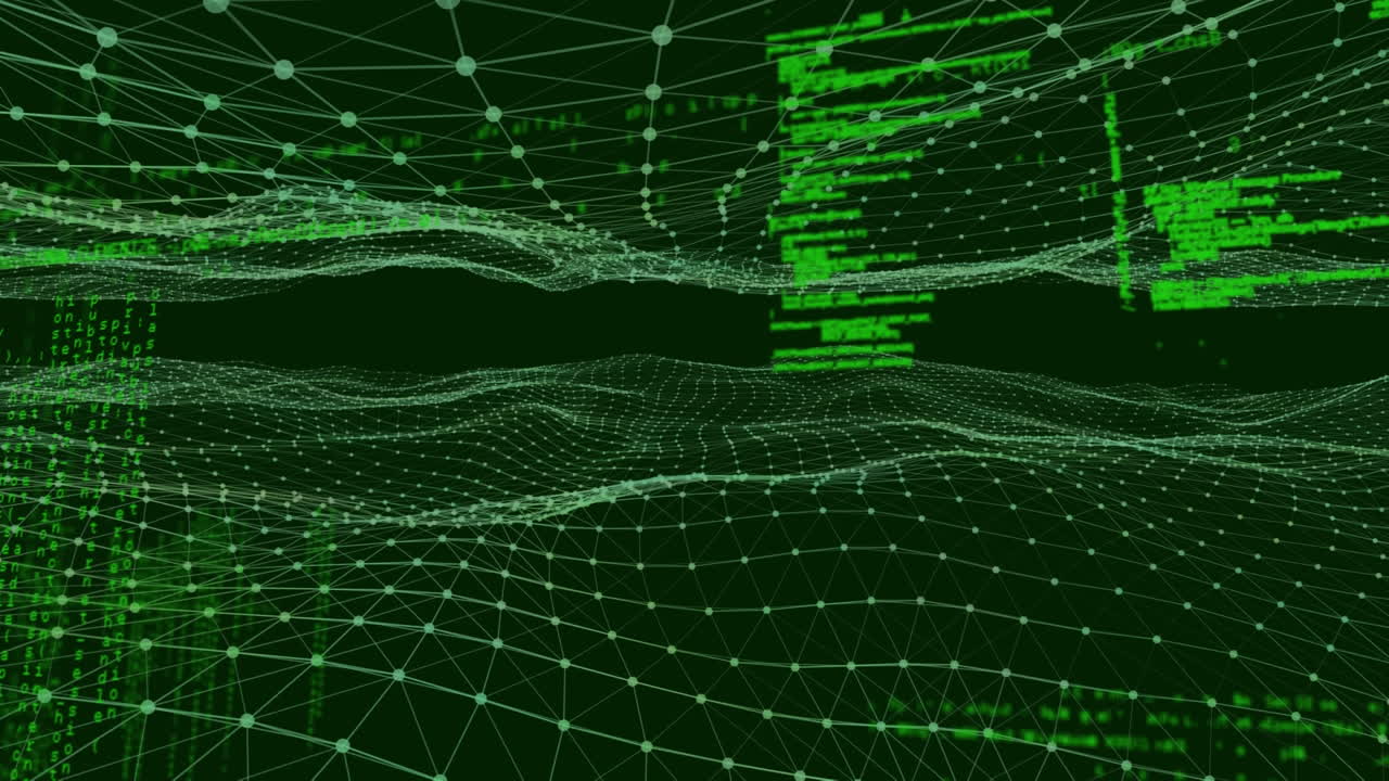 Data processing against glowing green digital wave on black background