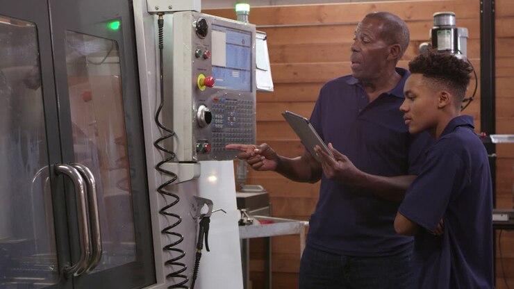 Engineer Trains Male Apprentice On CNC Machine Shot On R3D