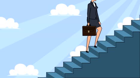 personaje de mujer de negocios de dibujos animados plano con bolsa de caso sube la escalera de la carrera escaleras de concepto de animación