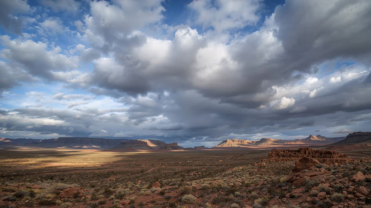 Nuvole cumuliformi in movimento che rivelano chiazze illuminate dal sole attraverso la valle del deserto, evidenziando gli affioramenti rocciosi.