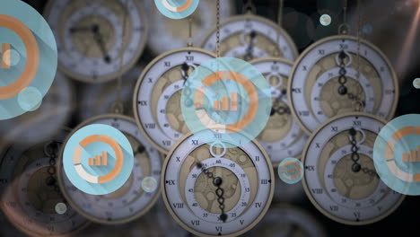 animación de icono en círculos sobre reloj colgado contra fondo negro