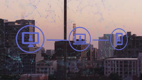 animation of media icon network over large communication networks and modern cityscape