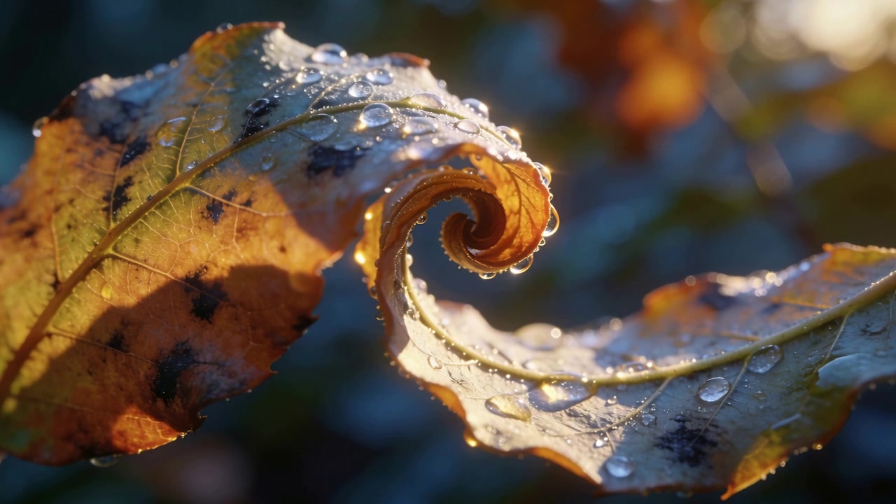 Foglia autunnale seghettata che si accartoccia in giardino mentre la luce dorata del sole ne riscalda la superficie, con la rugiada che si sposta.