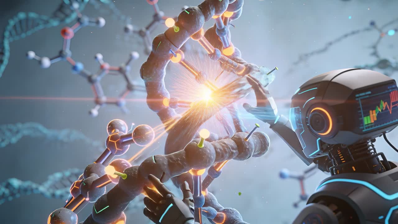Humanoid lab robot spotting orange bond, reaching, wrapping strands, pulling, repairing DNA helix