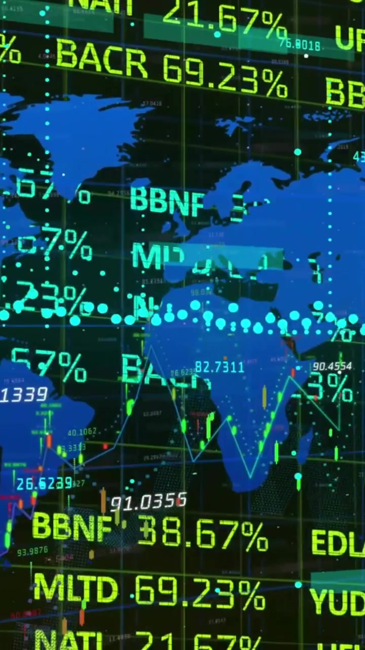 Animation of data processing over world map over dark background