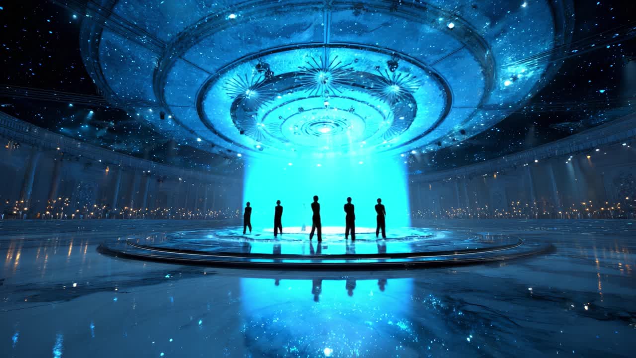 A mesmerizing scene of celestial beauty, set in a grand illuminated space with shimmering stars and a captivating blue glow surrounding silhouettes of figures in a dramatic display