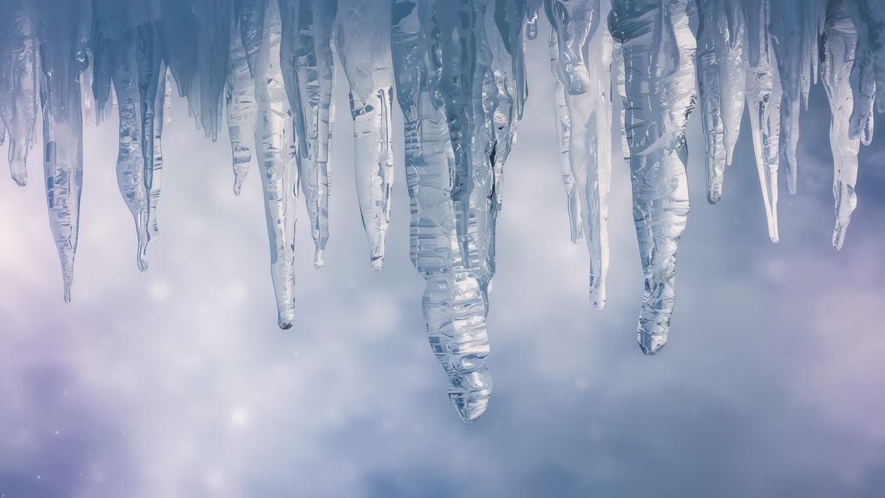 Dripping icicle cluster reacting to slight warming, releasing lengthening droplets on roof overhang