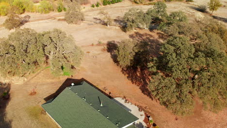 Aerial-Drone-shot-of-a-Rural-Farm-home-a-fly-over-with-no-pan-with-oak-trees