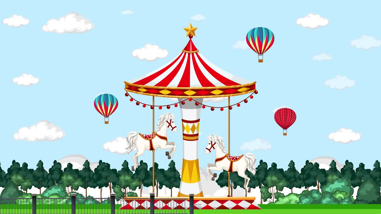 Carousel horses and hot air balloons rise and fall.