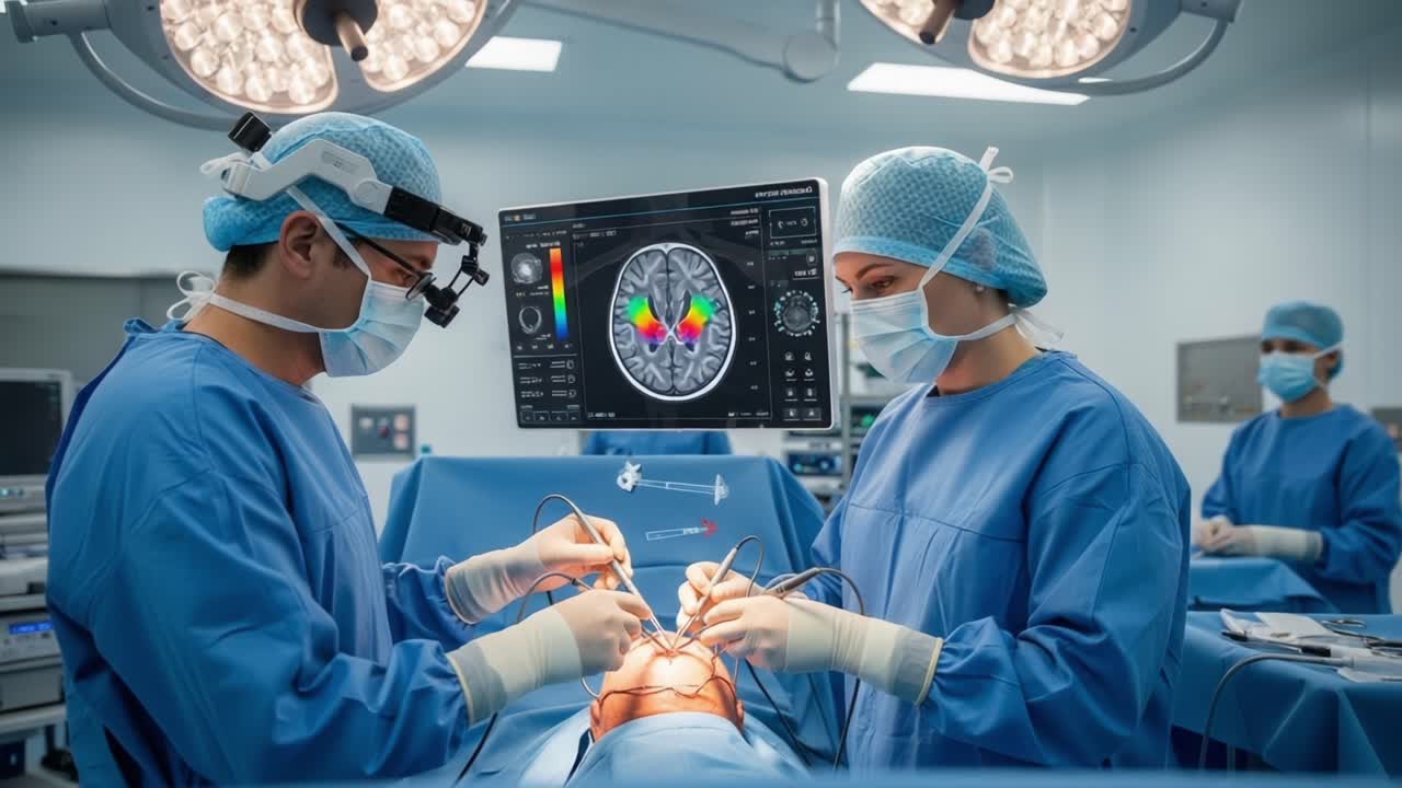 Advanced Surgical Procedure: A Team of Medical Professionals Engaged in a Complex Operation Focused on Brain Surgery with Technological Support in the Operating Room