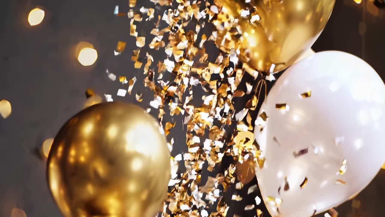 Festive video with golden and white balloons, confetti falling