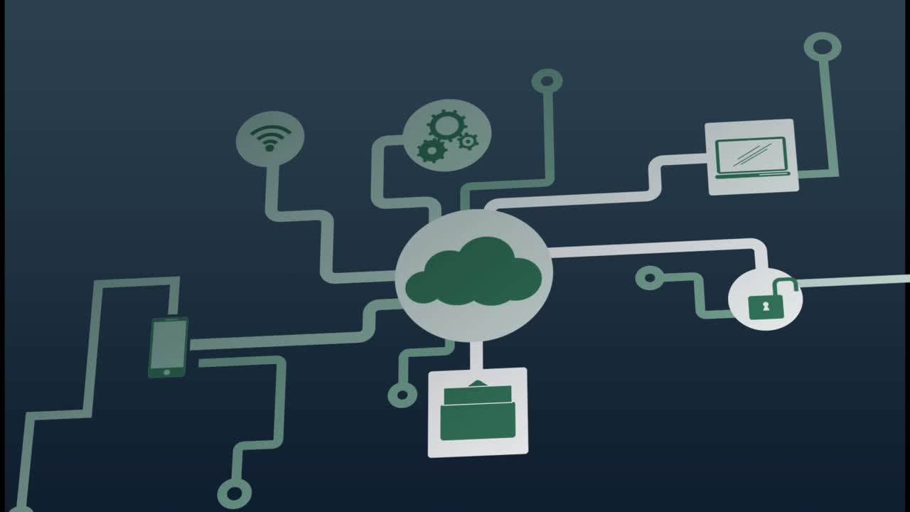 Animation of connections with tech icons on navy background