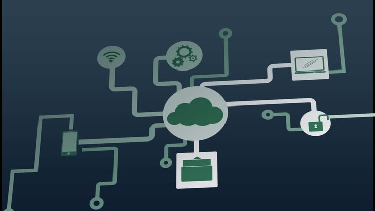 Animation of connections with tech icons on navy background