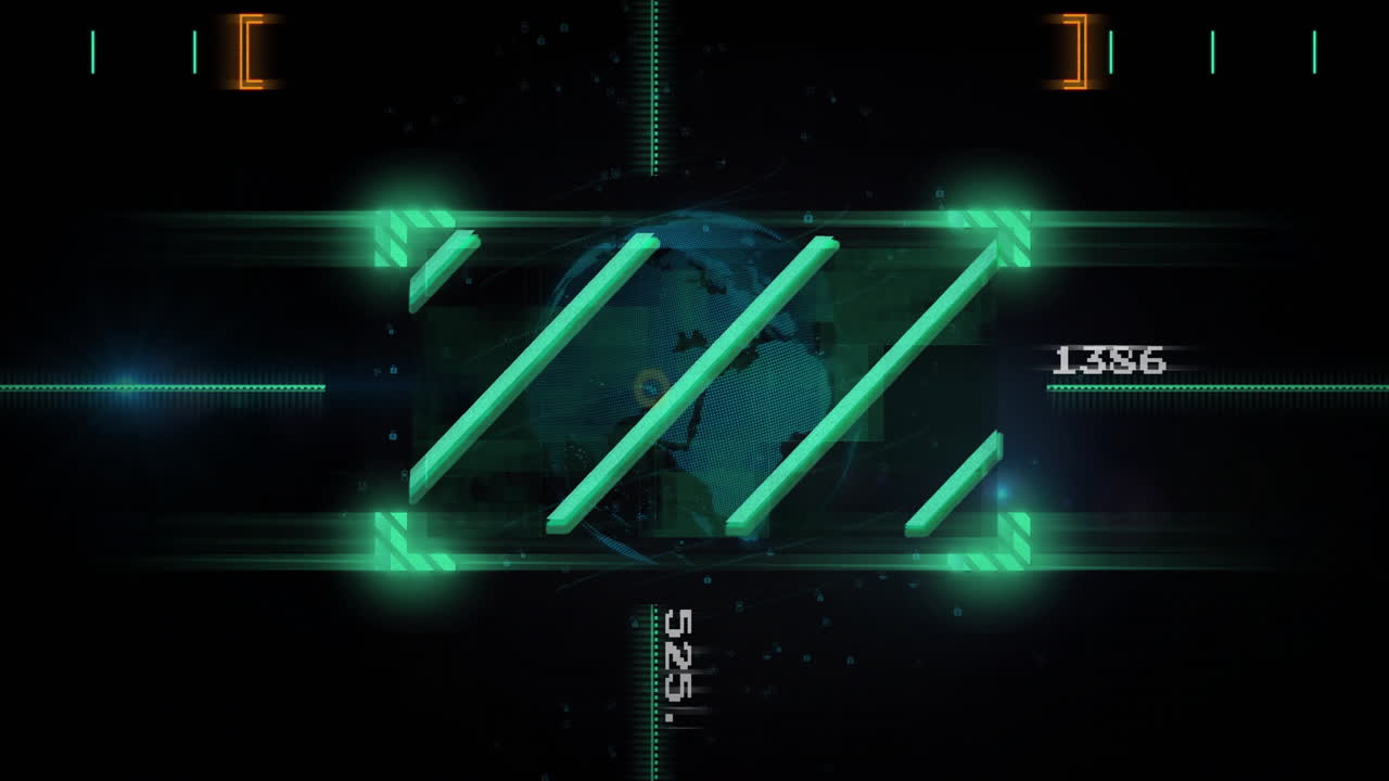 Glowing green bars and numbers animation over rotating globe in dark background