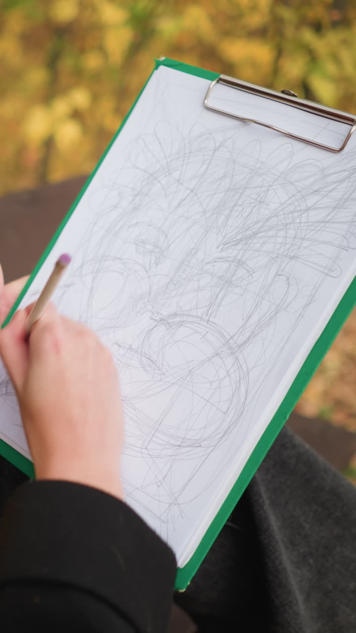 primer plano de una joven con gafas de sol, boina amarilla y pañuelo amarillo profundamente enfocada en su dibujo, dibujando líneas en todo su lienzo en un pacífico entorno de otoño al aire libre