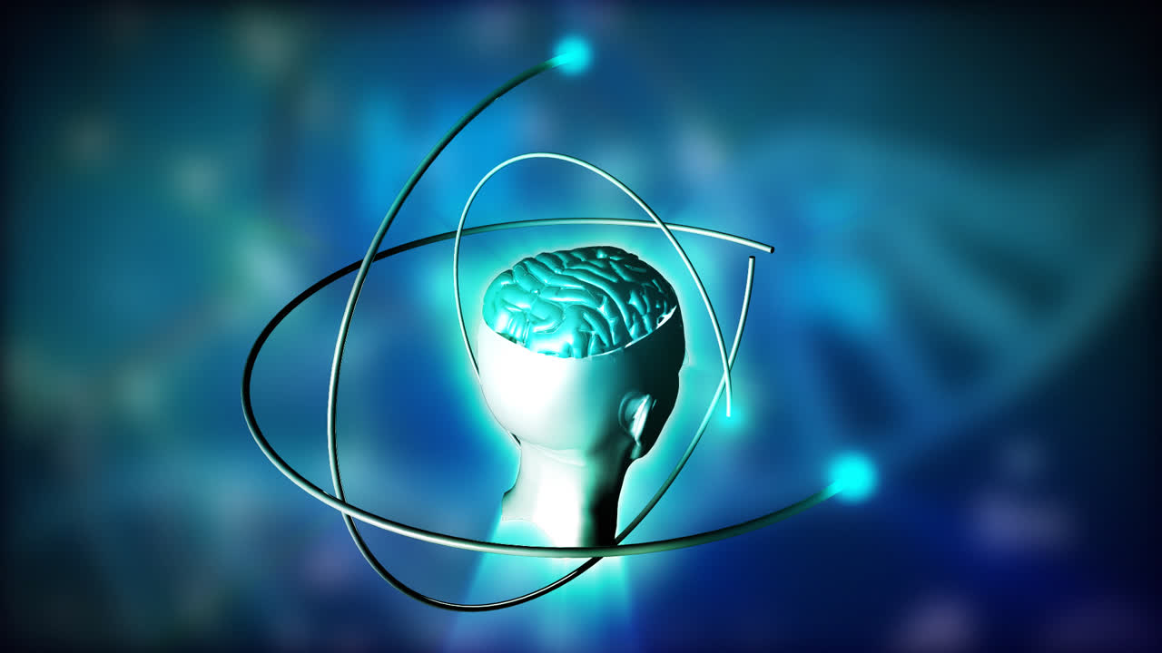 animazione di un atomo che gira attorno a una testa umana