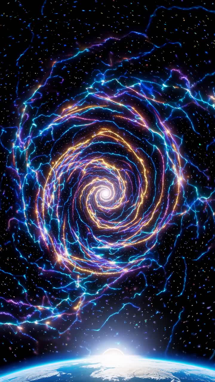 A cosmic vortex of swirling neon lights in a spiral galaxy style, captured from a top-down angle