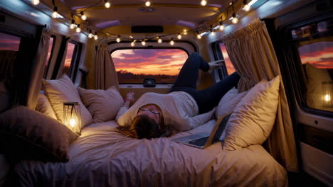 woman relaxing in a cozy camper van at sunset