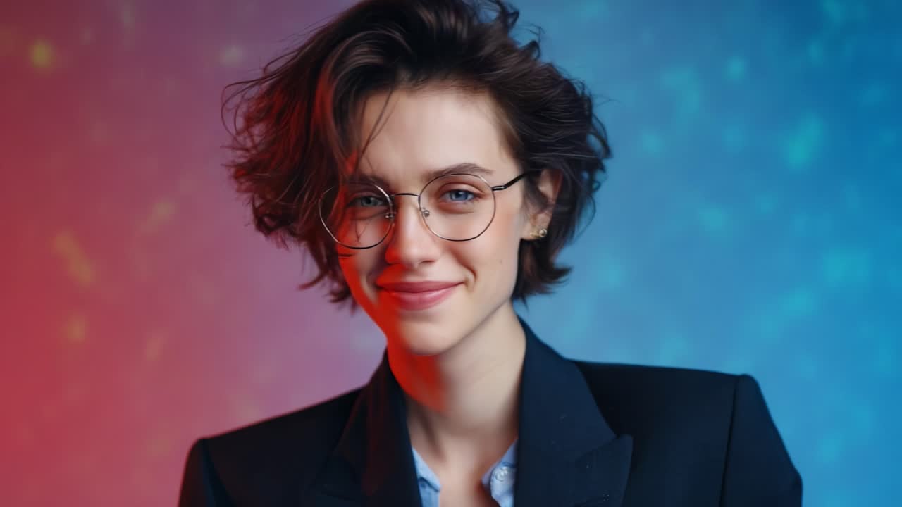 Stylized Portrait of a Young Woman with Short Hair and Glasses, Captured in a Dramatic Light Contrast of Blue and Red Tones, Reflecting a Shift from Serious to Joyful Expression