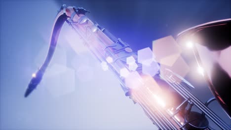 saxofón tenor dorado sobre fondo azul con luz