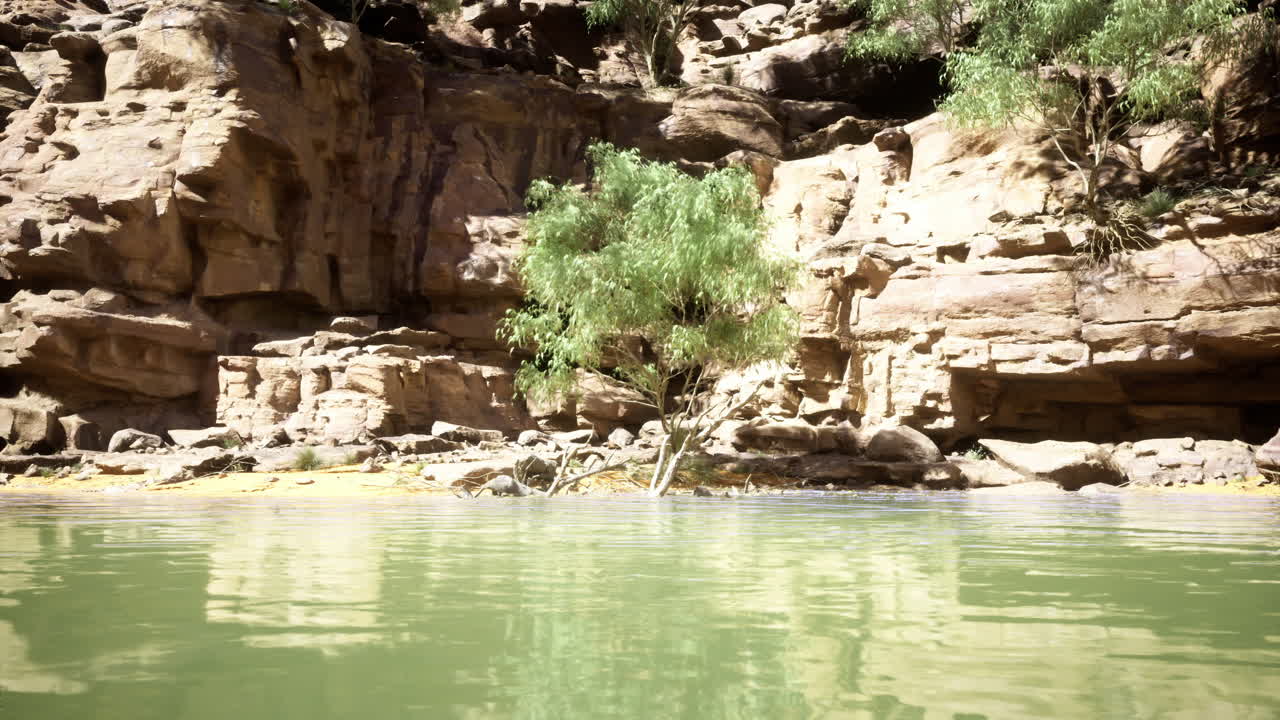 Riverbank with green vegetation beside rocky cliffs on a sunny day
