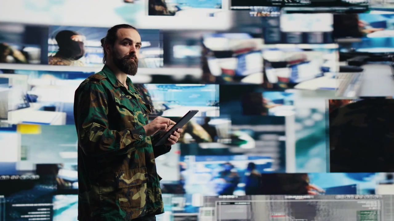 Military officer coordinates tactical surveillance in a digital command center