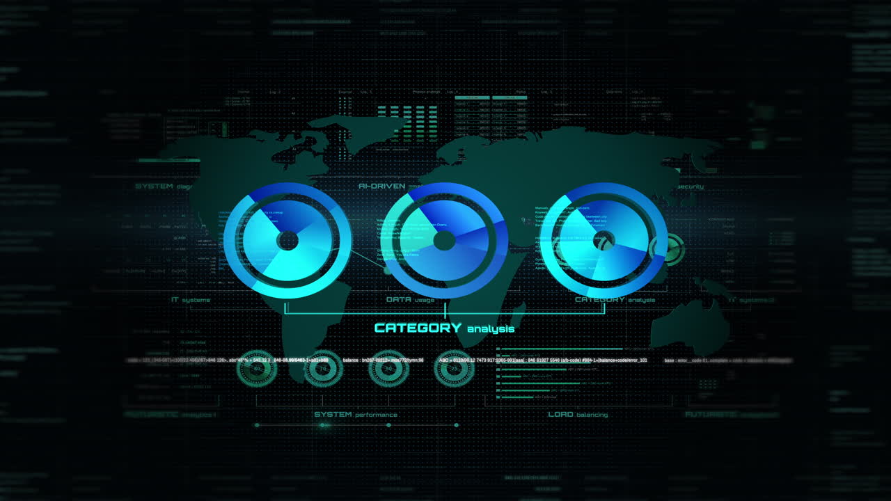 4K futuristic HUD animation showing data analytics over a glowing world map. Colorful progress circles display system performance and statistics. Ideal for tech, data, or infographic projects