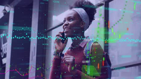 animation of financial data processing over woman using smartphone