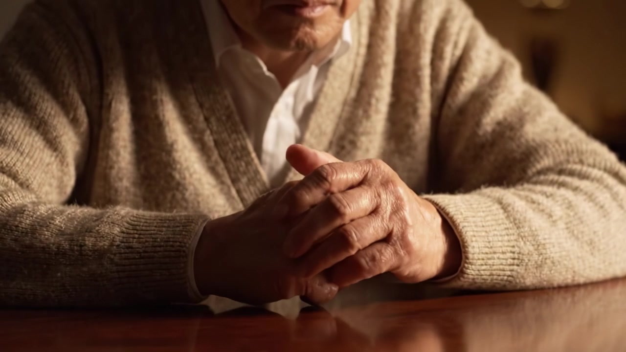 An Introspective Moment: A Man Reflects as He Delicately Manipulates Objects on a Table, Capturing the Essence of Time and Memory in a Warm Setting.