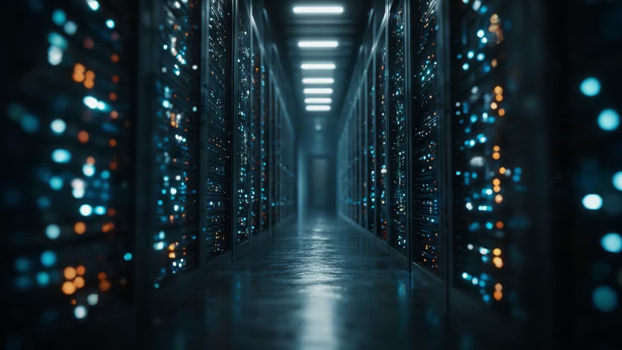 A Glimpse Inside a Modern Data Center: Rows of High-Tech Servers Illuminated by Colorful LEDs Creating a Futuristic Atmosphere