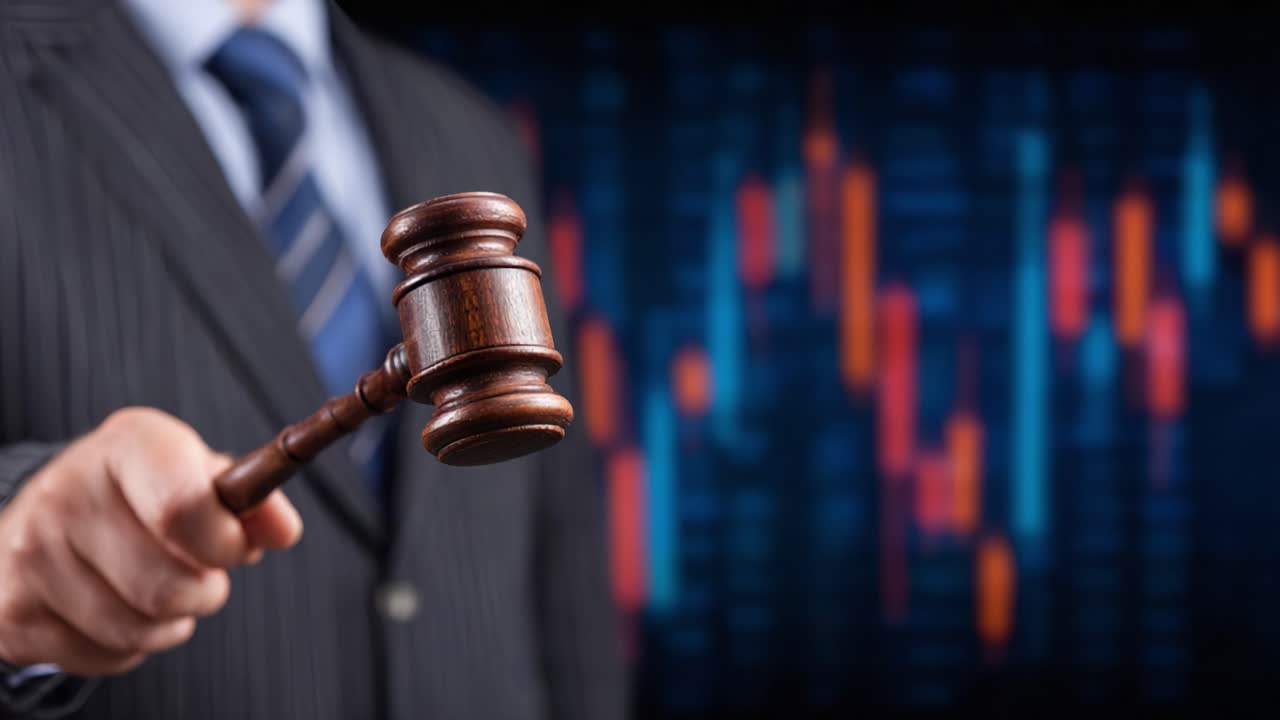 A poised individual in formal attire confidently raises a gavel against a backdrop of fluctuating market trends, symbolizing authority in finance and law