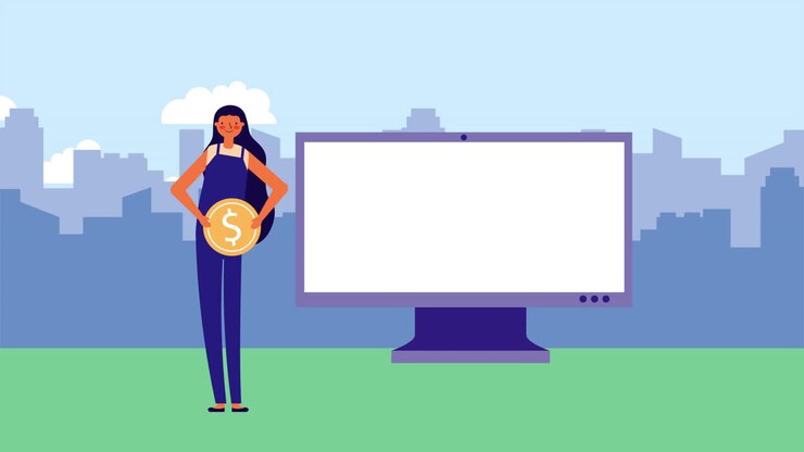 businesswoman with desktop and gifts