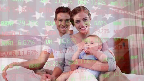 Animation-of-flag-of-usa-and-financial-data-over-happy-caucasian-parents-playing-with-baby