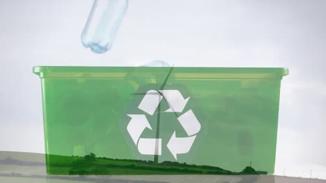 Animation-Eines-Grünen-Recycling-Schildes-über-Einer-Box-Mit-Plastikflaschen-Und-Windkraftanlage