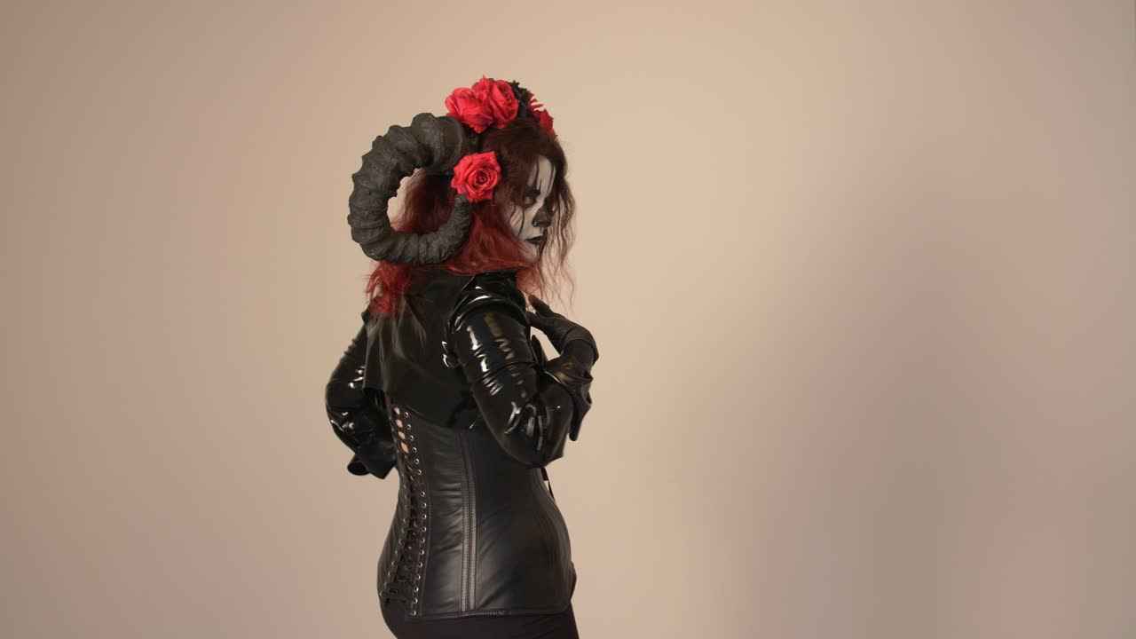 Catrina Cosplay girl turned back walking away from slowly with Domina outfit and Light background, Medium shot