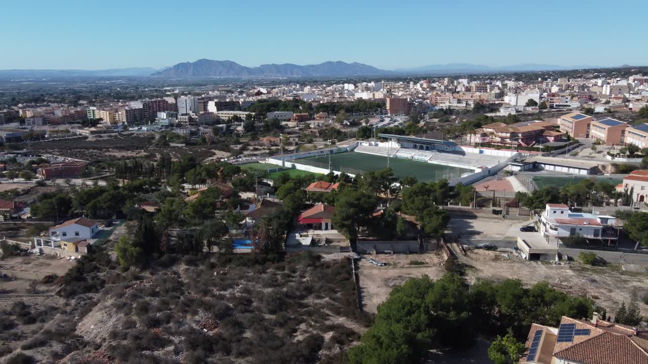 Aerial approach of the municipal soccer stadium in Crevillente, Spain