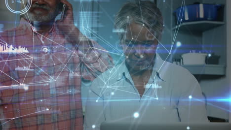 animation of network of connections with data processing over senior african american couple