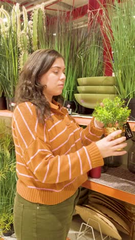 young woman buying a small decorative plant in a store.