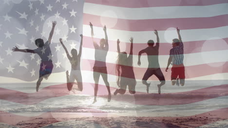 animation of flag of usa and light trails over diverse friends jumping on beach