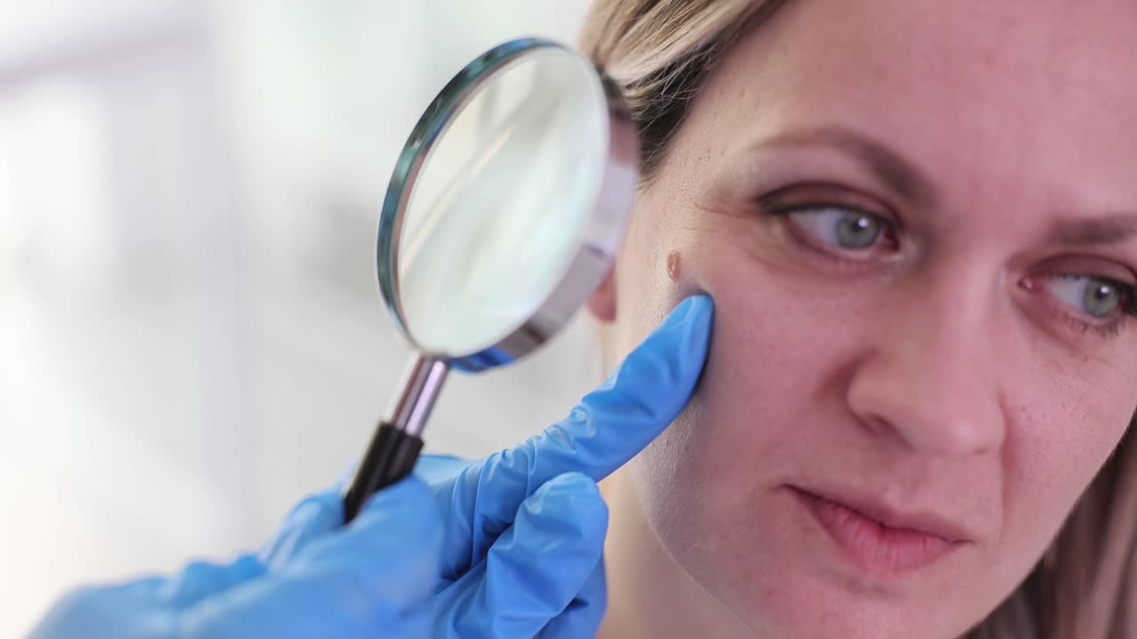 Dermatologist examining a mole on a woman's face with a magnifying glass during a skin check-up