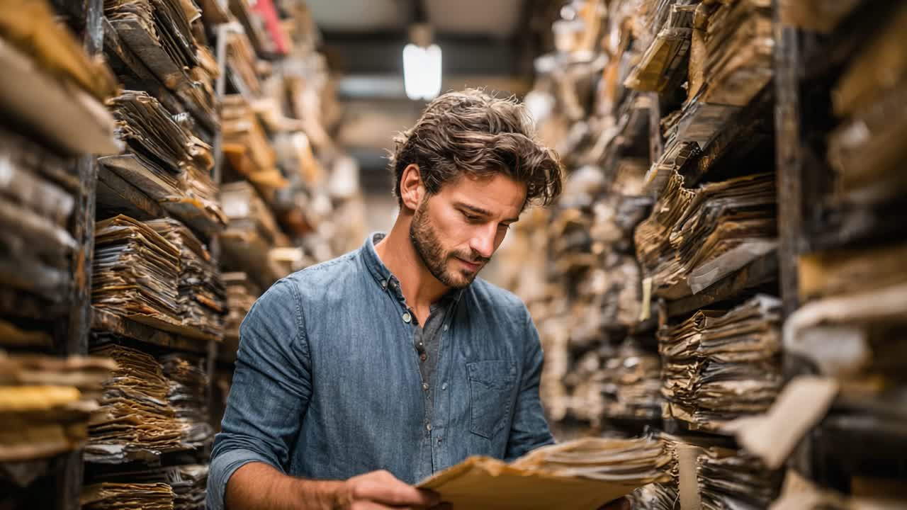 Focused Researcher Examines Historical Documents in a Dimly Lit Archive Surrounded by Stacks of Files and Papers, Delving into Valuable Information and Insights