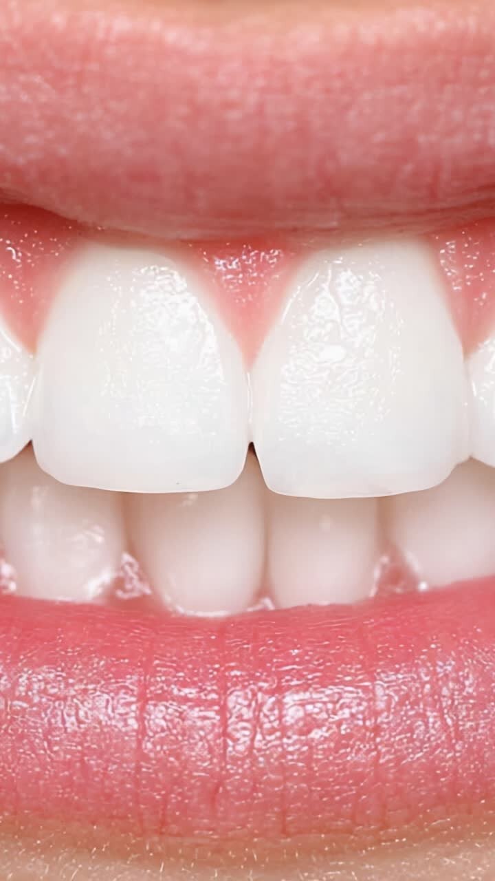 Primo piano di denti frontali perfettamente allineati e sbiancati, che mette in risalto la salute delle gengive e un sorriso smagliante, per un'estetica dentale straordinaria