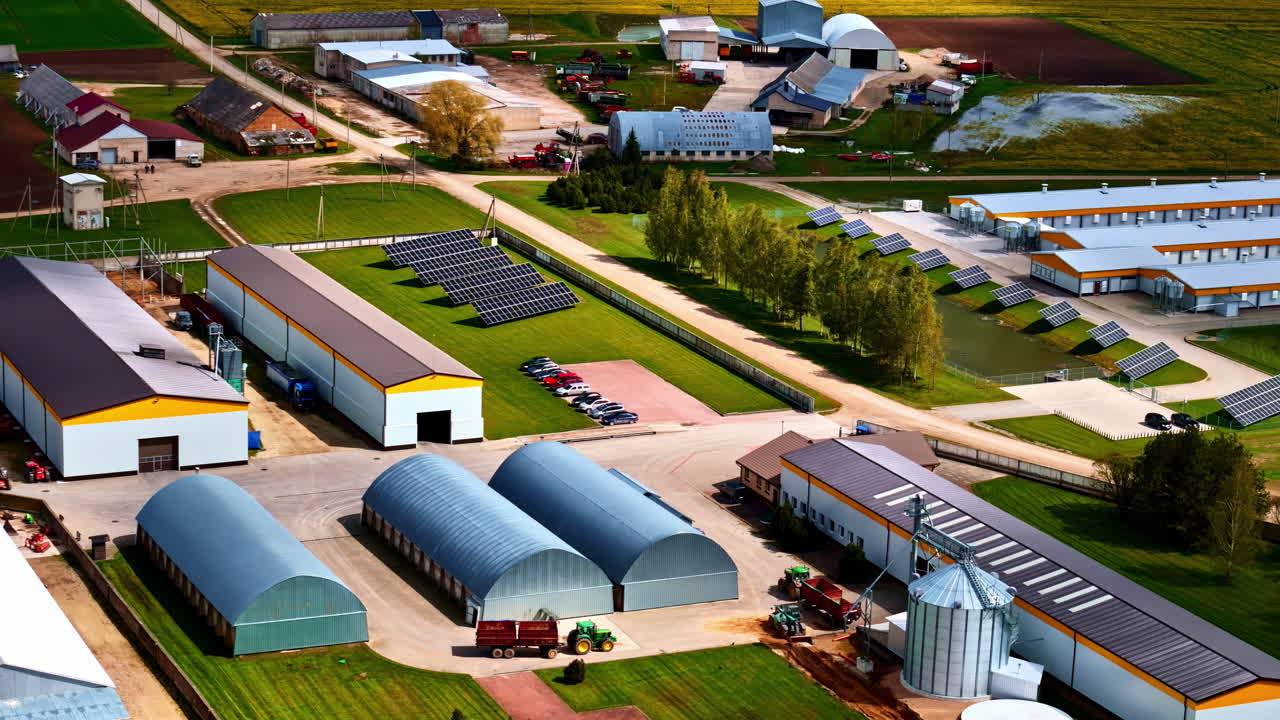 Modern farm industrial with solar panel renewable green energy agriculture evolution aerial