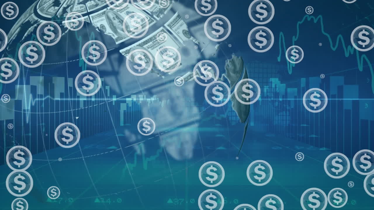 animazione del simbolo del dollaro in cerchi con banconote in dollari sul globo contro grafici su sfondo blu
