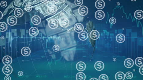 animación del símbolo del dólar en círculos con billetes de dólar en el globo contra gráficos sobre fondo azul