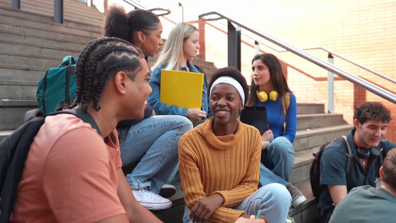 Diverse Group of Happy Students Talking and Laughing on Campus Steps