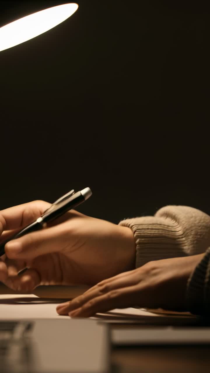 Verticale video: Schrijvende handen in geribbelde mouw aan bureau, lamp verlicht aantekeningen op papier met zwarte pen